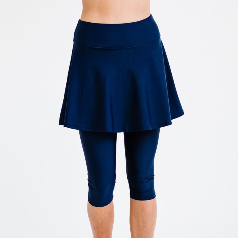 Women's Chlorine Resistant High Waisted Flared Swim Skort With Attached Capri Leggings