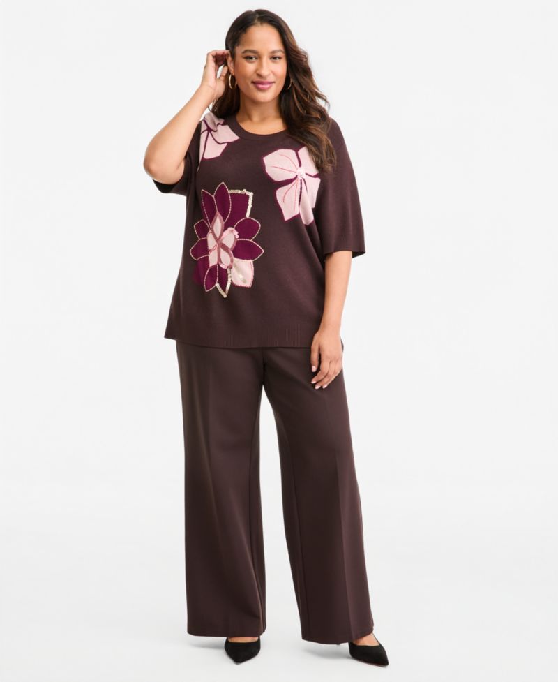 Plus Size Short-Sleeve Flower Sweater Floral Sequin Sweater