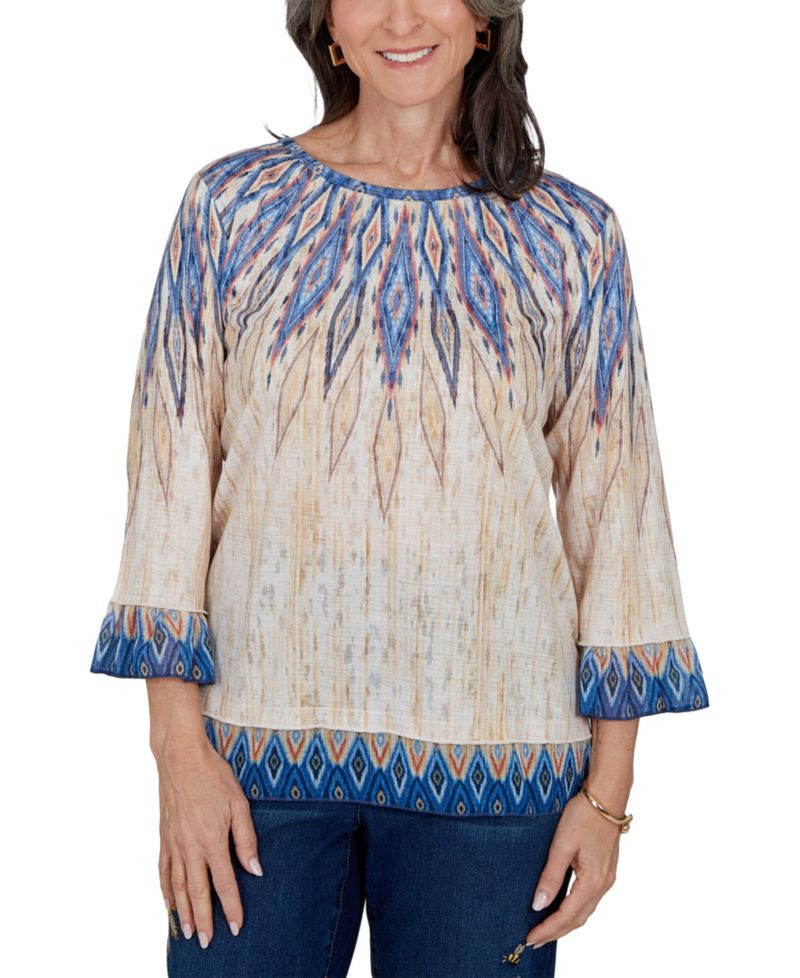 Petite 3/4-Sleeve Crewneck Allover-Print Blouse