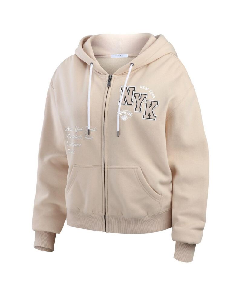 Women's Cream New York Knicks Plus Size Tonal Felt Patch Full-Zip Hoodie