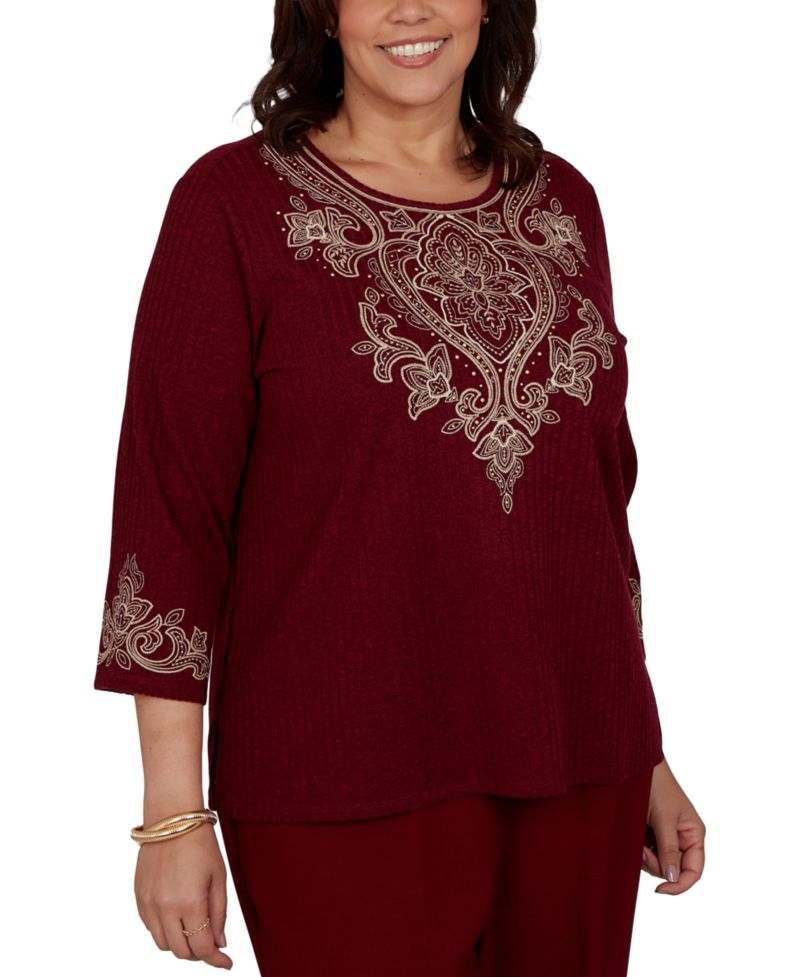 Plus Size Union Square Scroll-Embroidered 3/4 Sleeve Knit Top