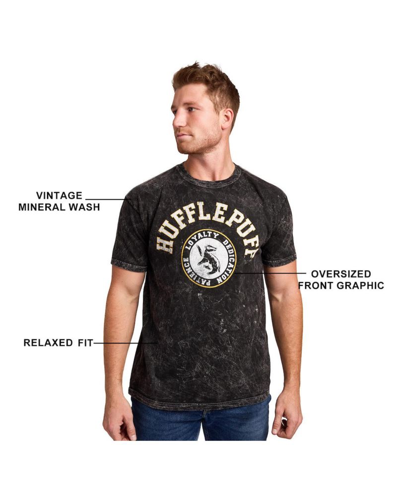 Men's Hufflepuff Varsity Black Vintage Mineral Wash Crew Neck Short Sleeve T-shirt-XXL