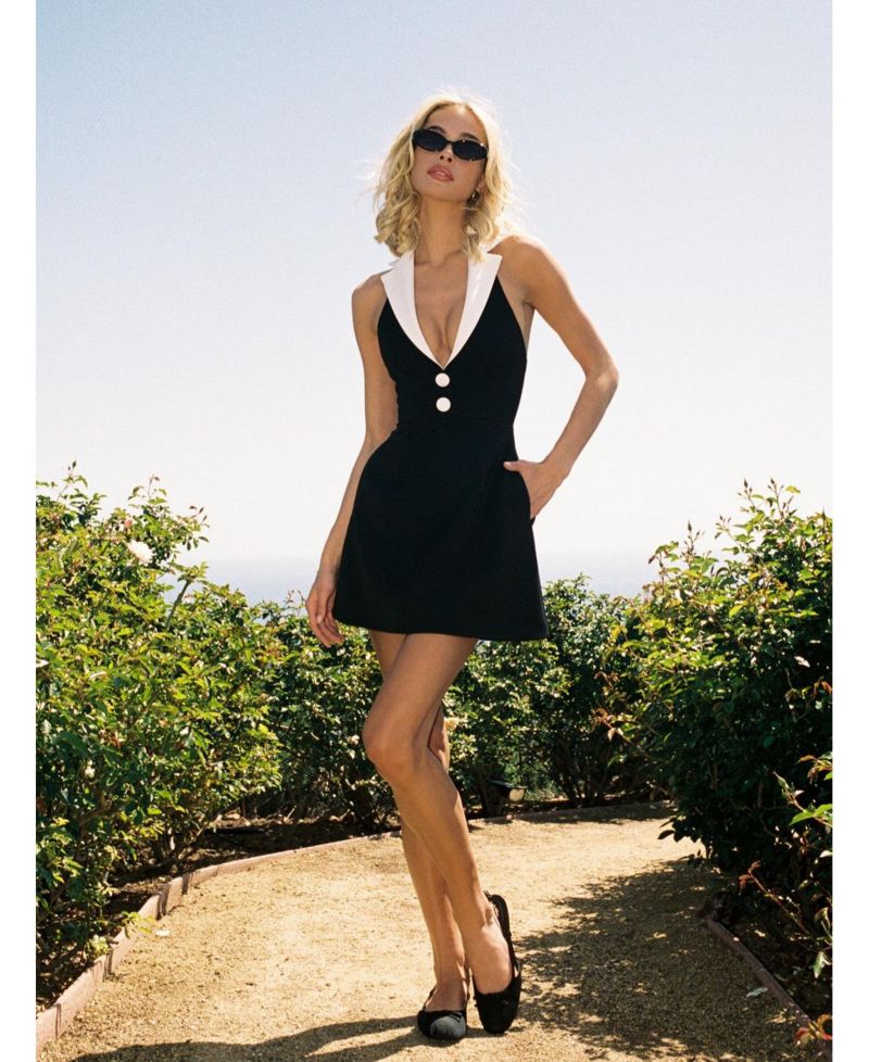 Women Ignacia Office Casual Black and White Halter Mini A-line Dress