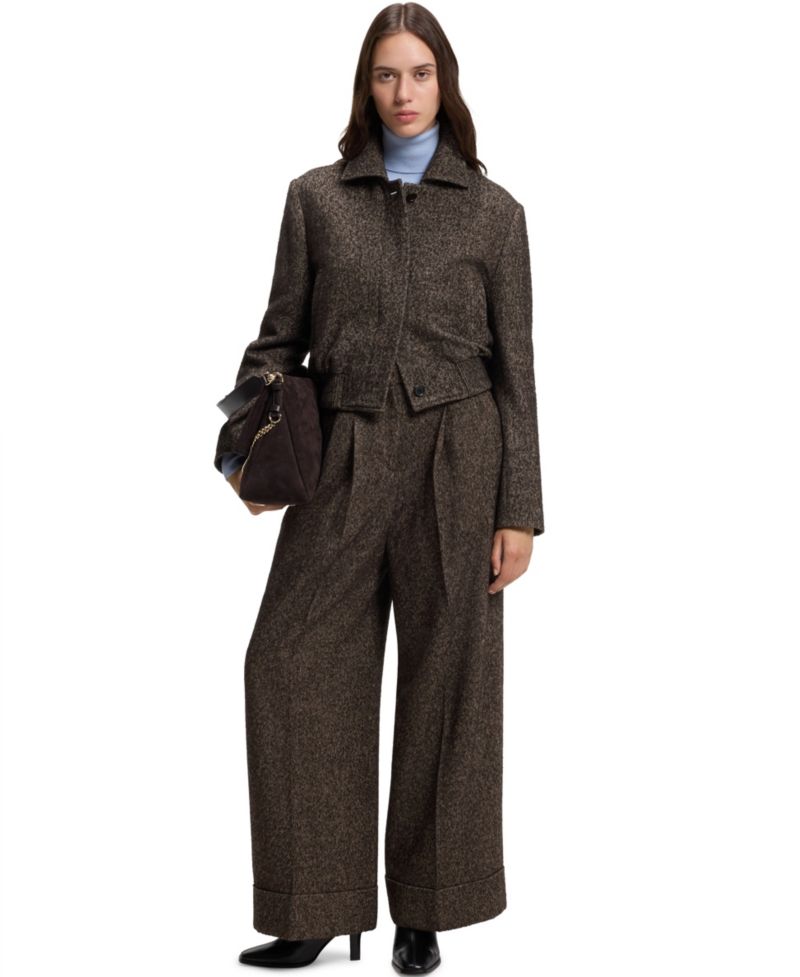 BOSS by Women's Wool Blend Wide-Leg Herringbone Pants