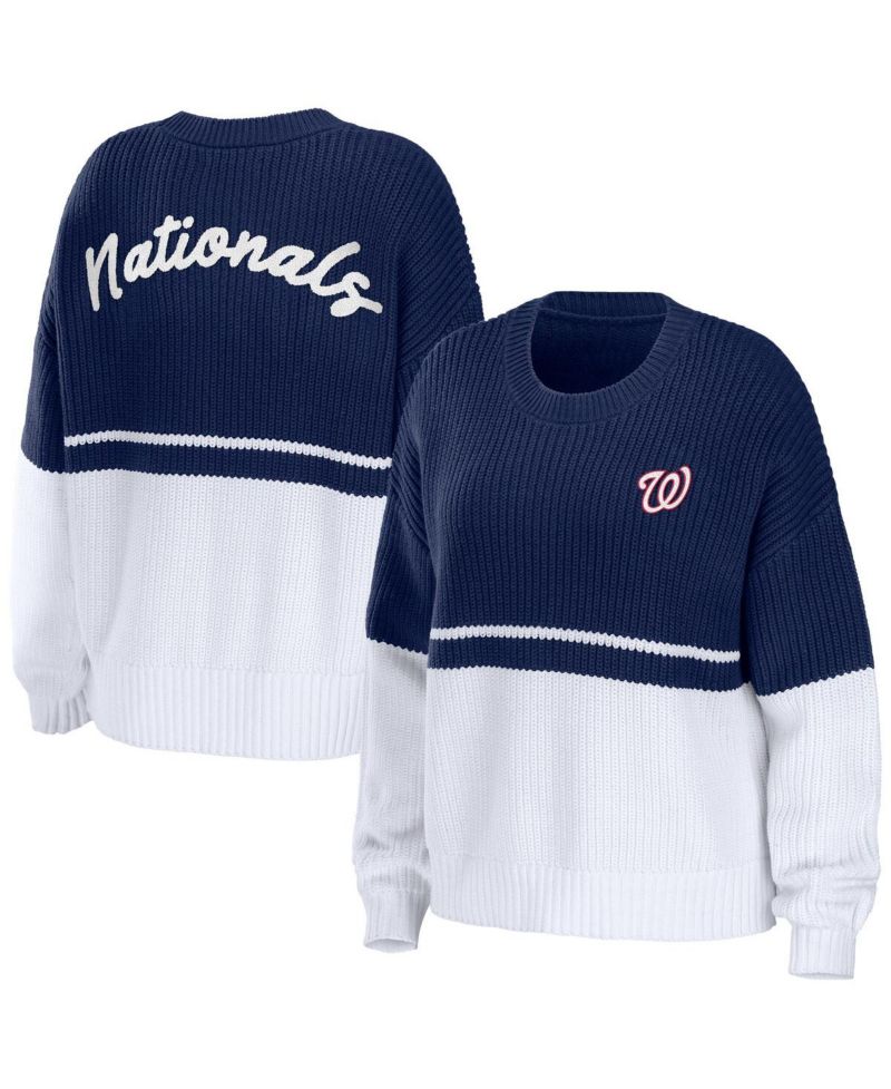 Women's Navy, White Washington Nationals Chunky Pullover Sweater