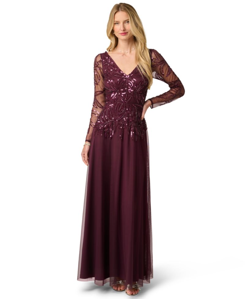 Women's Beaded V-Neck Long-Sleeve Dress