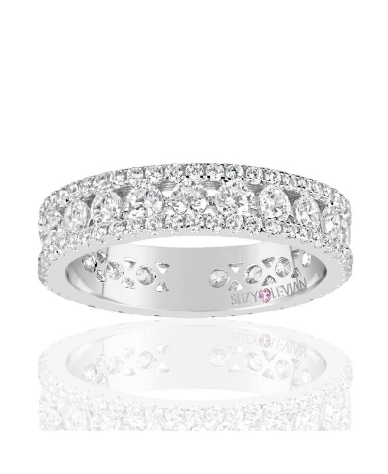 Suzy Levian Sterling Silver Cubic Zirconia Three Row Modern Eternity Band Ring