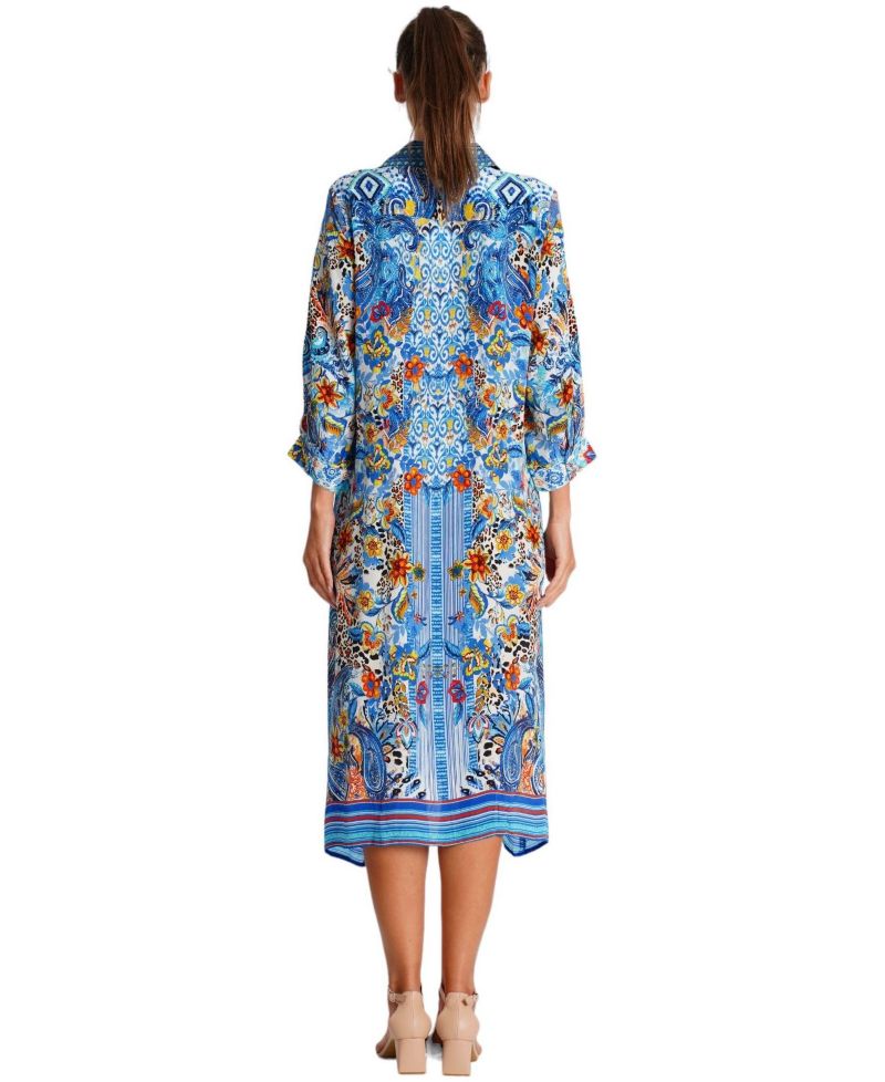 Women's Midi Summer Dress with Collared Neck, Short Sleeves, and Side Slits