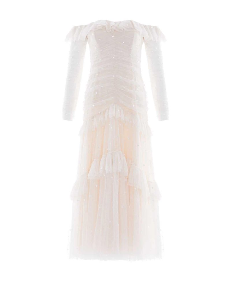 Women's Sequin Glimmer Long-Sleeve Off-the-Shoulder Gown