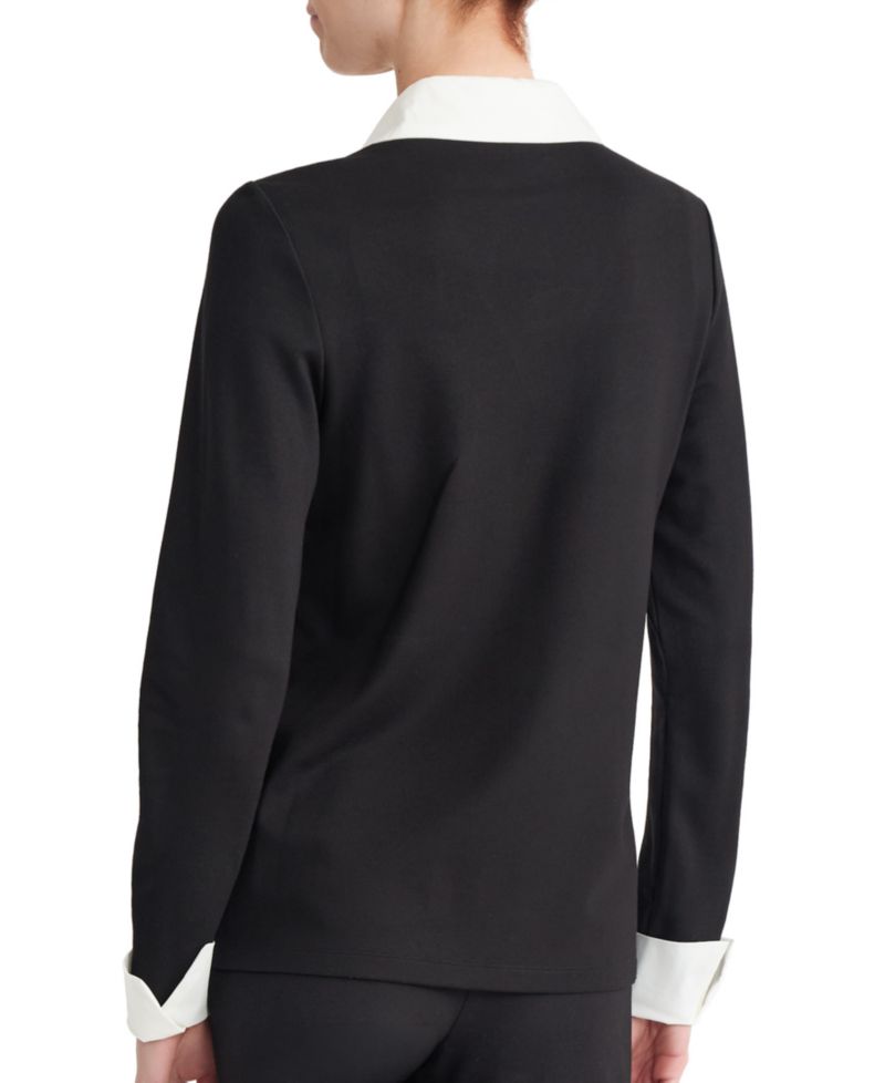 Petite Mixed Media Twofer Long-Sleeve Collared V-Neck Blouse