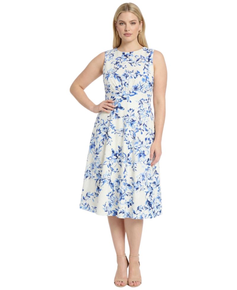 Plus Size Printed Jewel Neck Eyelet Midi Dress