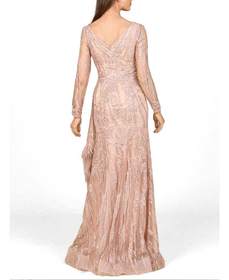 Women's Long Sleeve V-Neck Lace Gown with Feathers