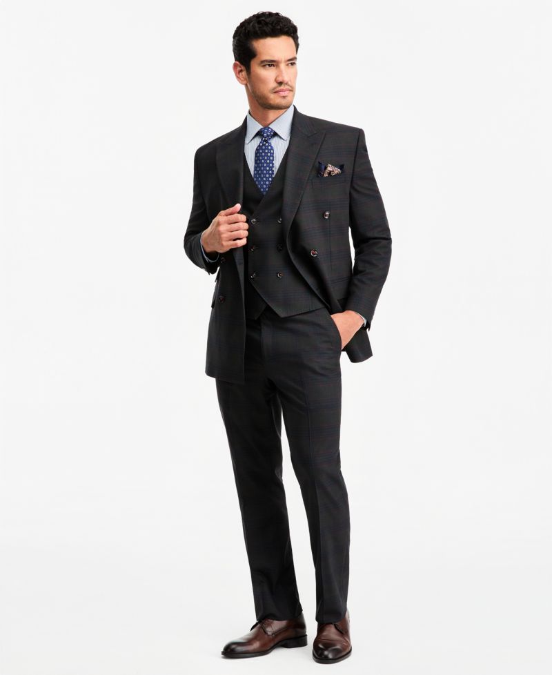 Men's Classic-Fit Green Plaid Suit Separate Double-Breasted Vest