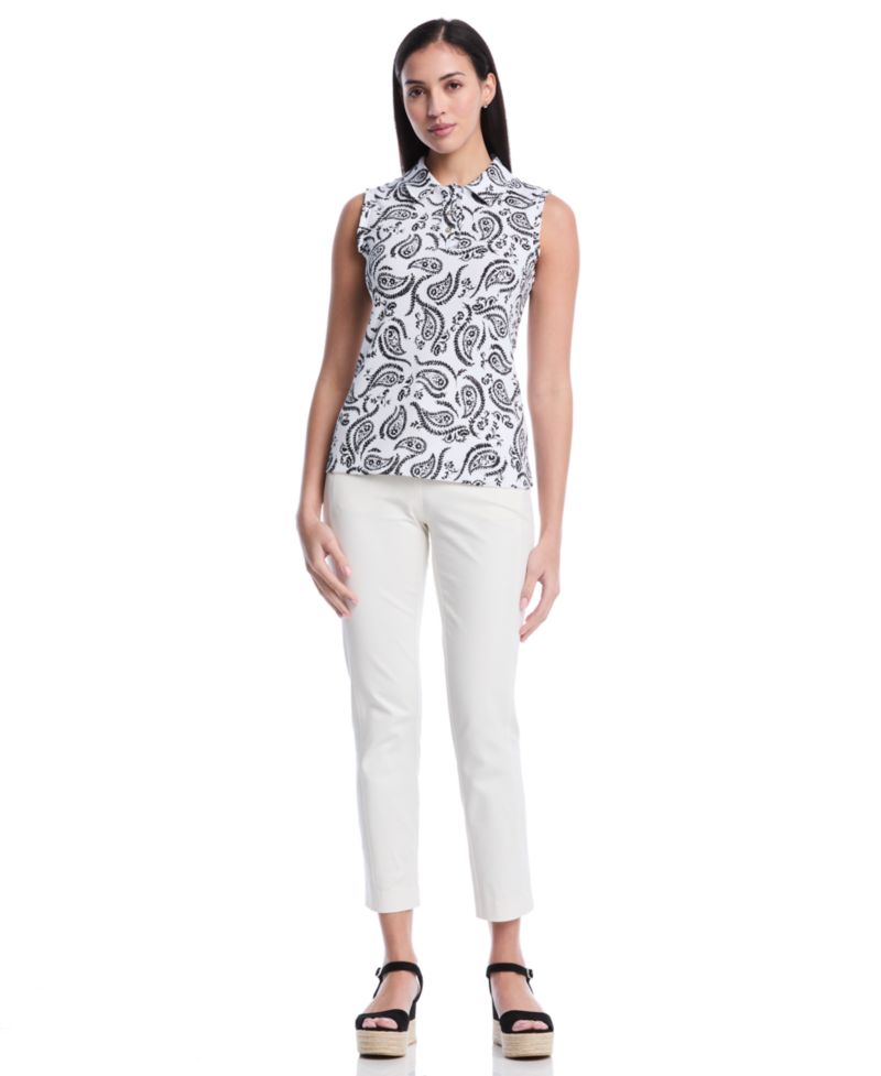 Petite Paisley Print Ruffle Trim Sleeveless Polo Shirt