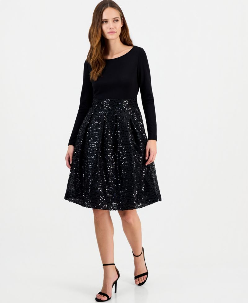 Women's Serentiy Boat Neck Long-Sleeve Sequin Dress