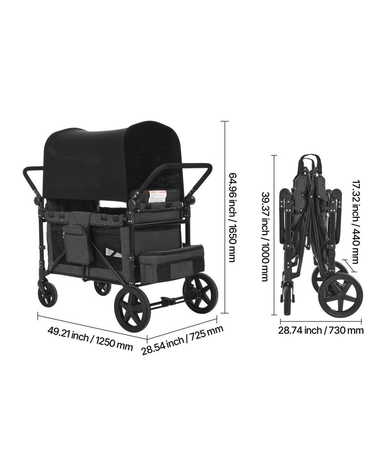 4-Kid Wagon Stroller, Collapsible Push/Pull Cart with Canopy, Safety Harnesses & Adjustable Handle, 330lb Capacity