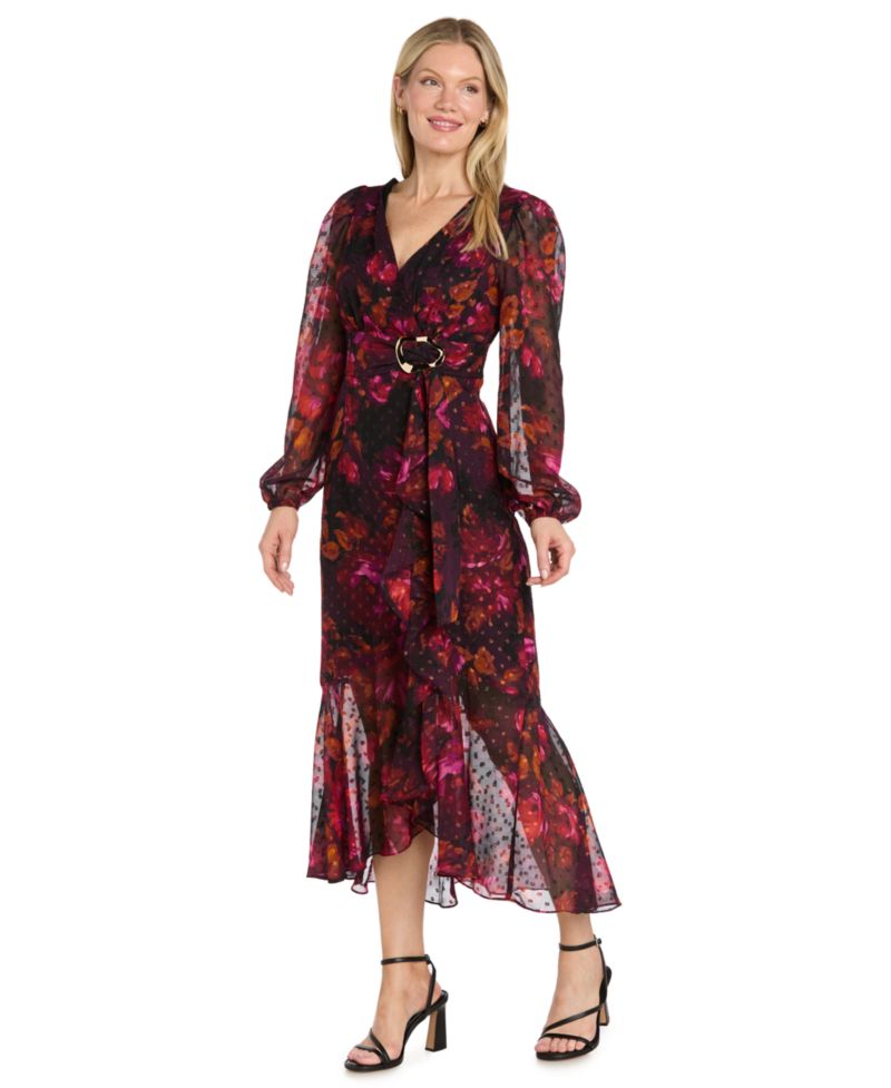 Women's Floral-Print V-Neck Hi-Lo Hem Midi Dress