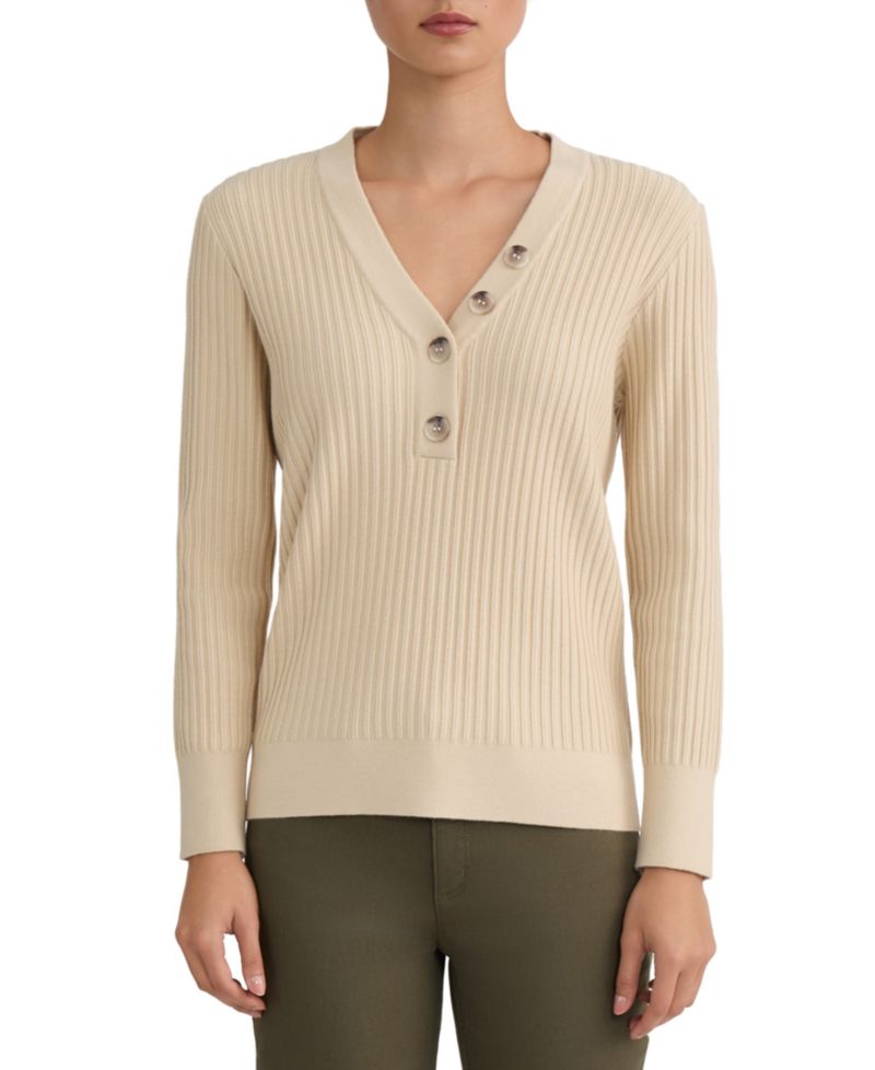 Women's Long Sleeve Ribbed Y-Neck Placket Sweater