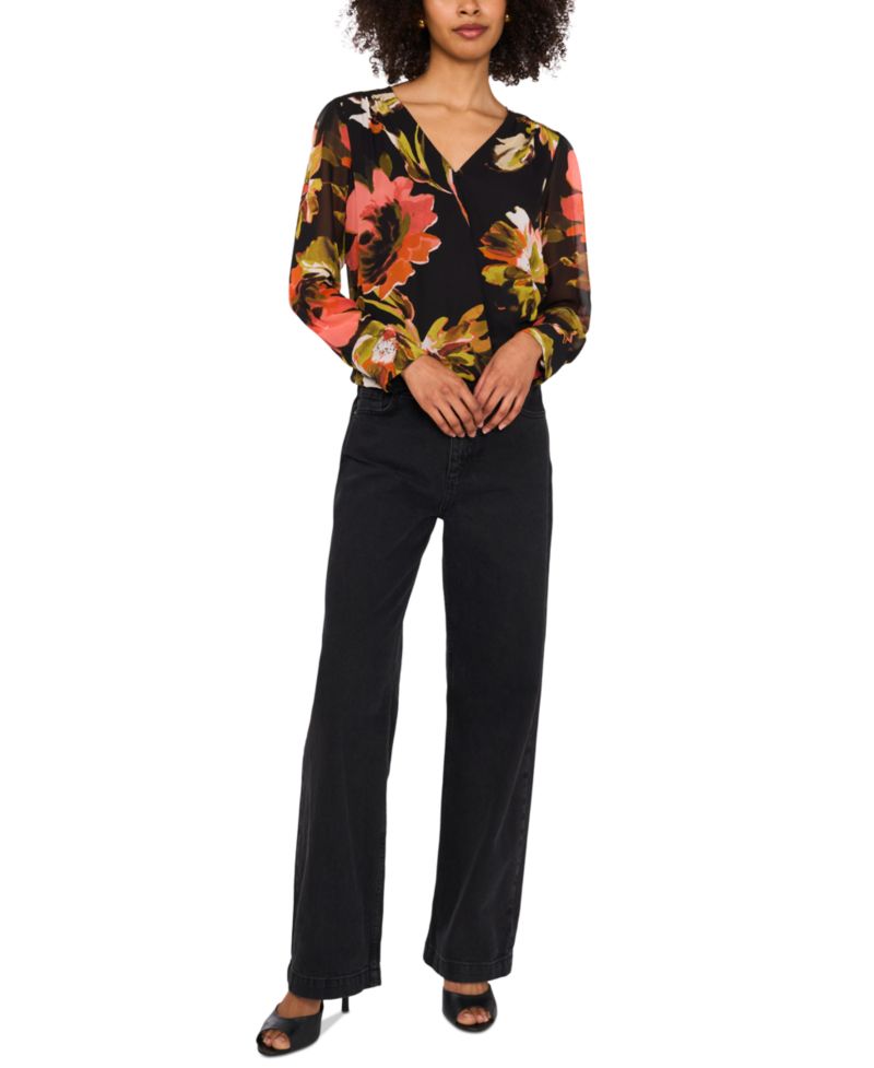 Women's Split-Neck Wrapped Long-Sleeve Top