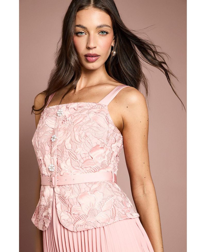 Women's Lace Peplum Belted Midi Dress