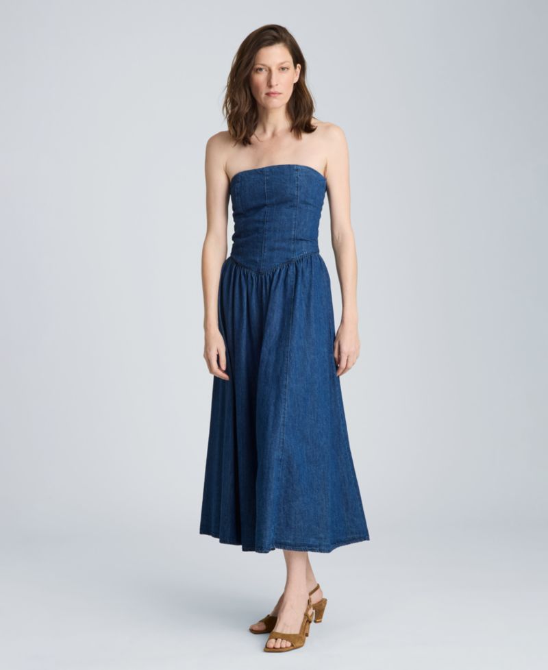 Women's Strapless Bustier Denim Midi Dress