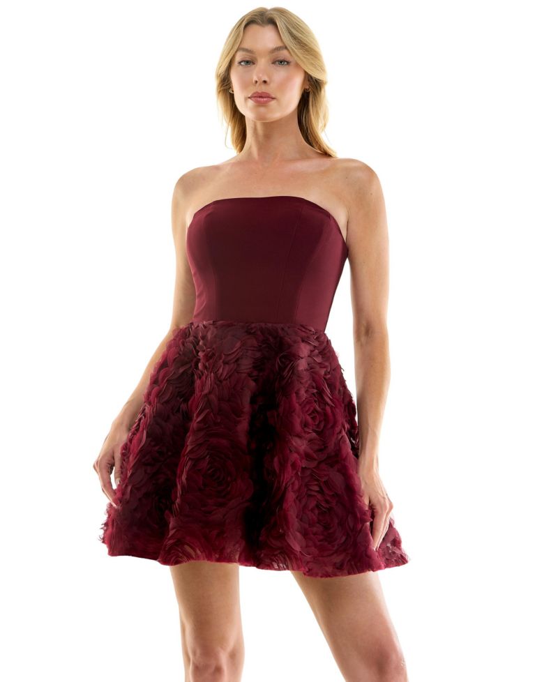 Juniors' Strapless Lace-Up Back Mini Dress with Rosette Applique Skirt