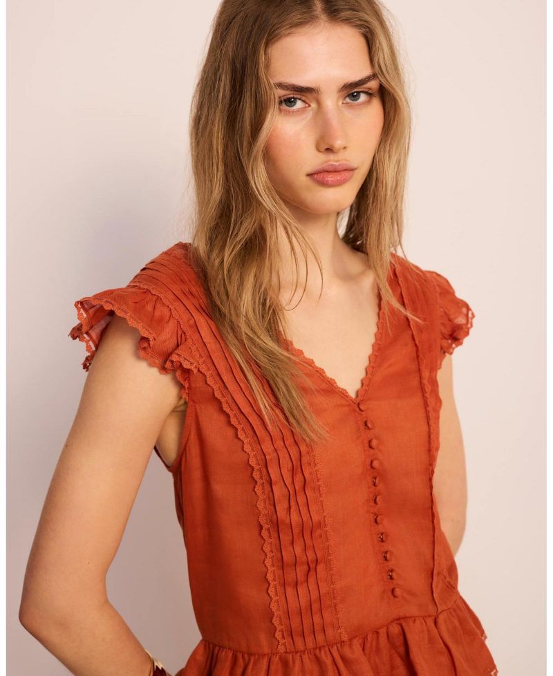 Women's V-Neck Ruffle Sleeveless Ramie Blouse