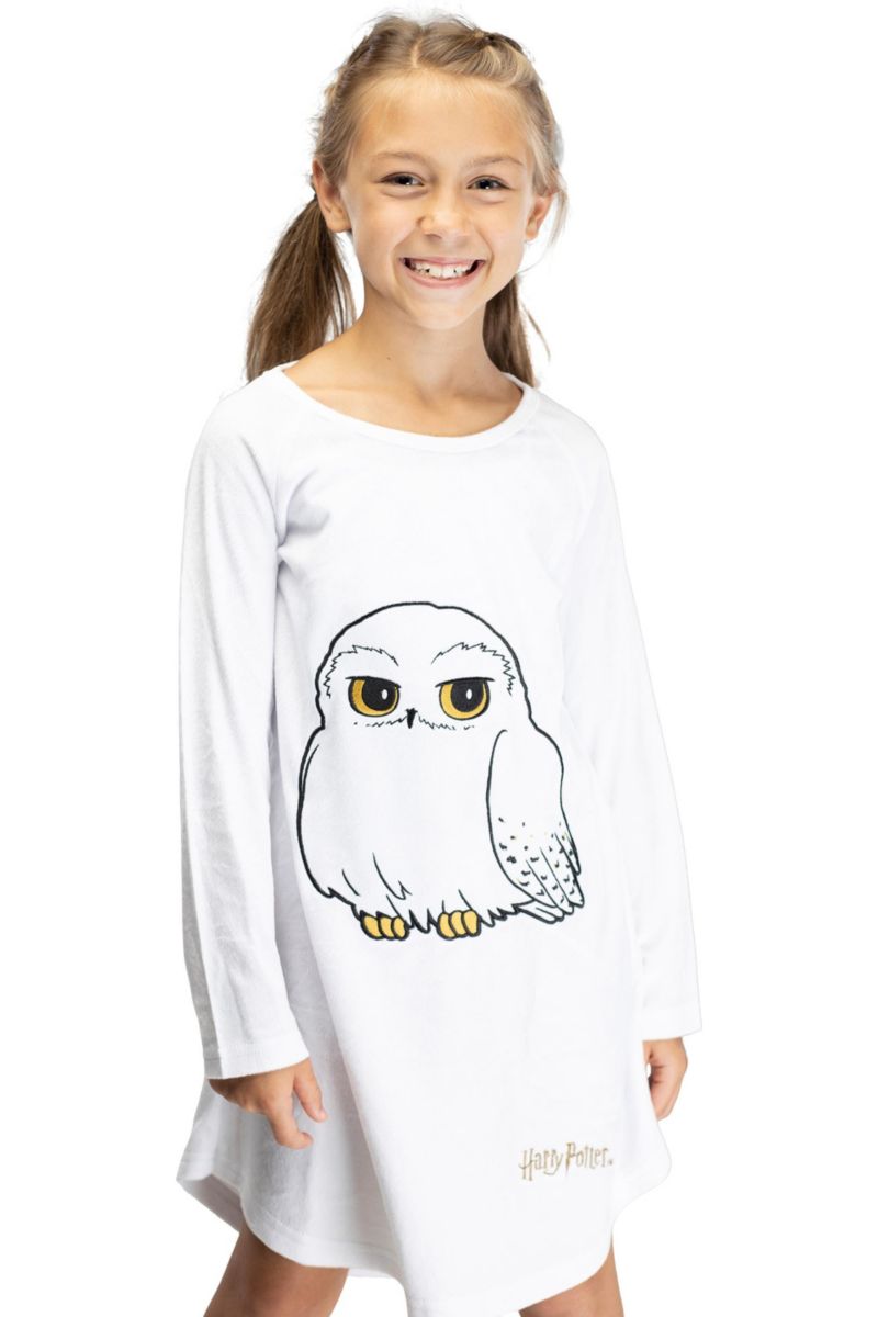 Pajama Girls' Hedwig Owl Micro Raschel Fleece Long-Sleeve Hi-Lo Kids Nightgown