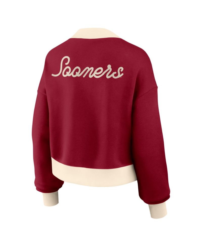 Women's Crimson Oklahoma Sooners Oversized Academic Cropped Full-Zip Bomber Jacket