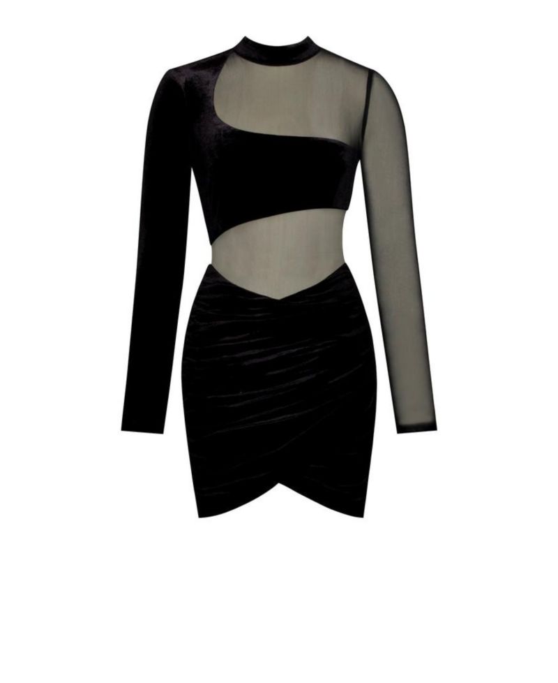 Women's Azalea Black Velvet Mesh Long Sleeve Dress
