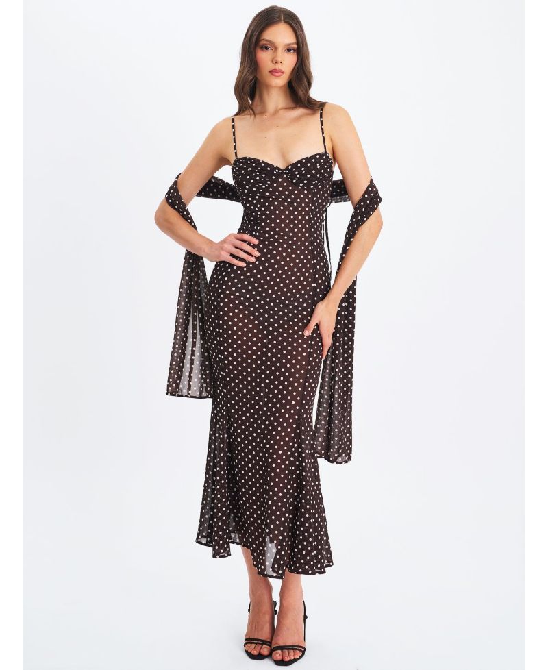 Women's Yadira Brown Base Polka Dot Chiffon Maxi Dress