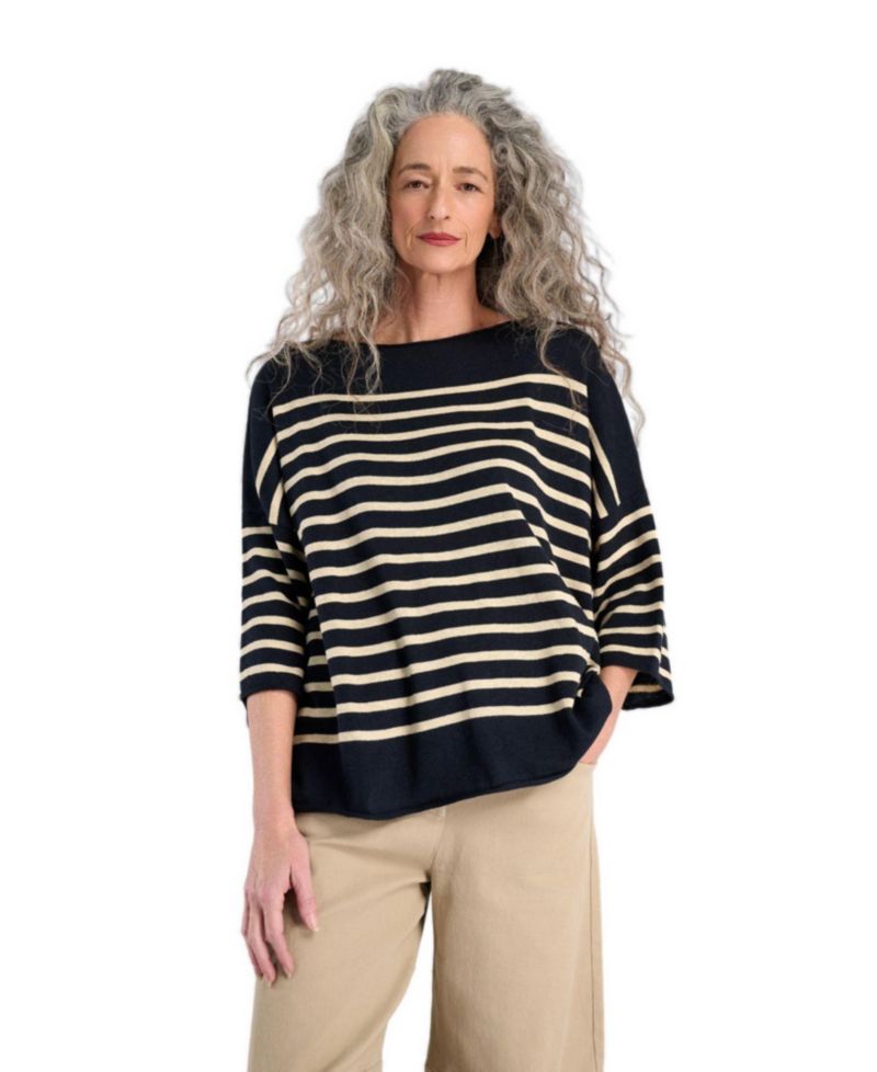Women's Carolina Boat Neckline Striped 3/4-Sleeve Sweater