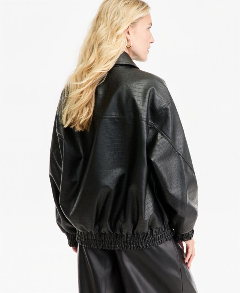 Women's Croc-Embossed Faux-Leather Oversized Bomber Jacket