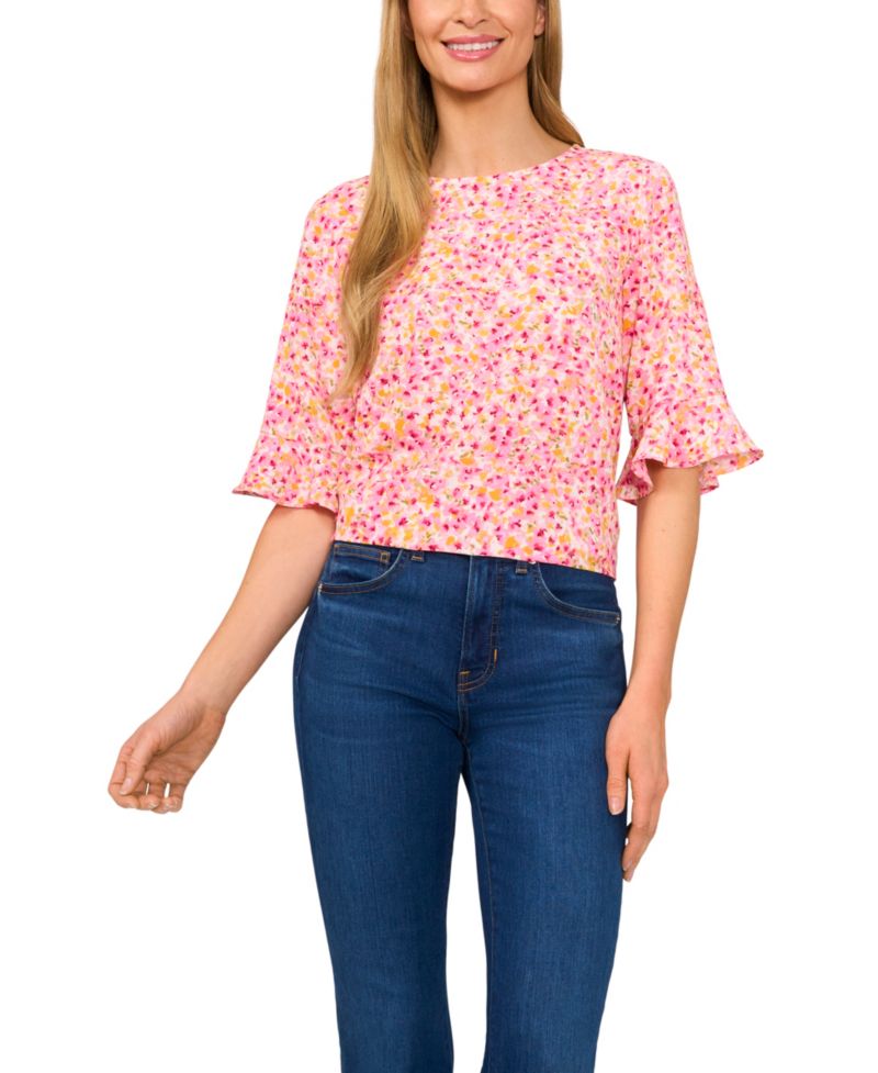 Women's Floral Crewneck 3/4-Sleeve Ruffled Cuff Blouse