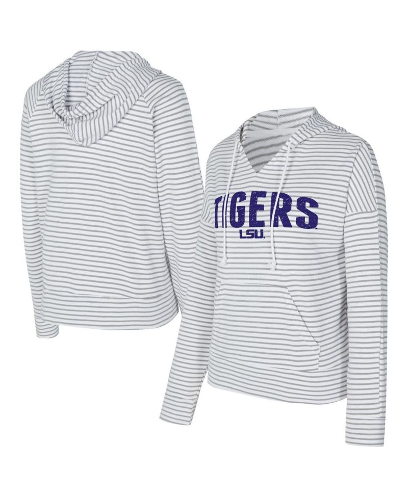 Men's White/Gray LSU Tigers French Terry Striped V-Neck Pullover Hoodie