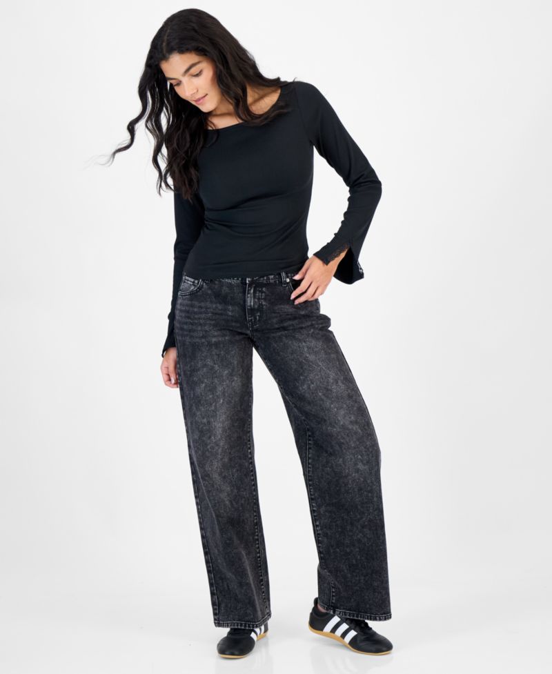 Juniors' Ribbed Lace Long-Sleeve T-Shirt