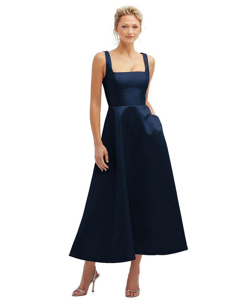 Women's Square Neck Satin Midi Dress with Full Skirt and Pockets