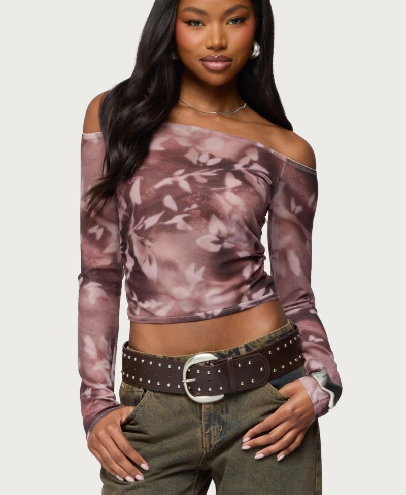 Women's Off Shoulder Printed Sheer Mesh Top