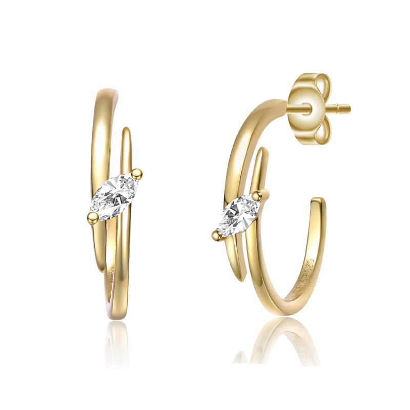 Sterling Silver 14K Gold Plated CZ Double Curve C-Hoop Earrings