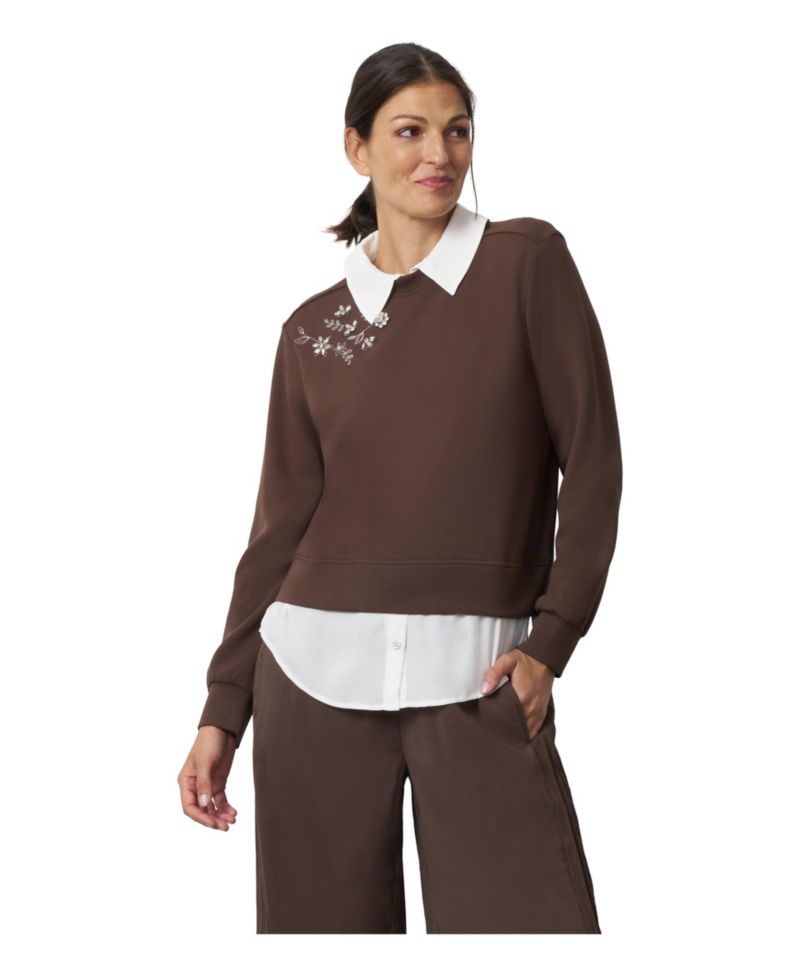 Women's Collared Long-Sleeve Embellished Twofer Top