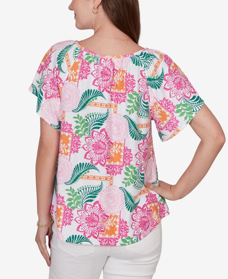 Petite Tropical Floral Eyelet Flutter Sleeve T-Shirt