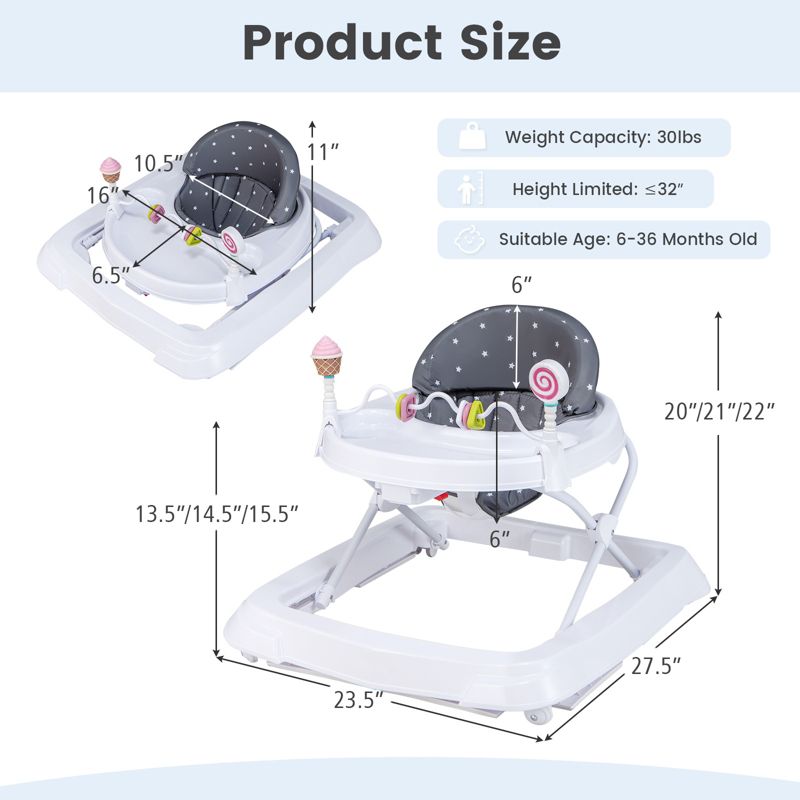 Baby Walker with Adjustable Heights, Foldable Frame, and Removable Seat