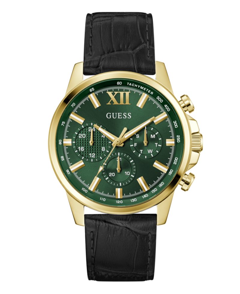 Men's Multifunction Black Genuine Leather Watch, 44mm