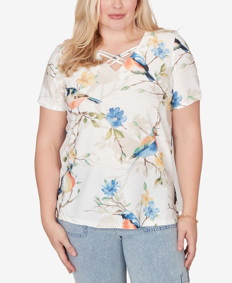 Petite Out of the Blue Chickadees Embellished V-Neck T-Shirt