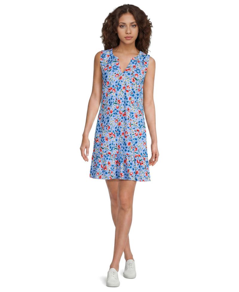 Women's Sleeveless Cotton Jersey Notch Neck Flounce Dress