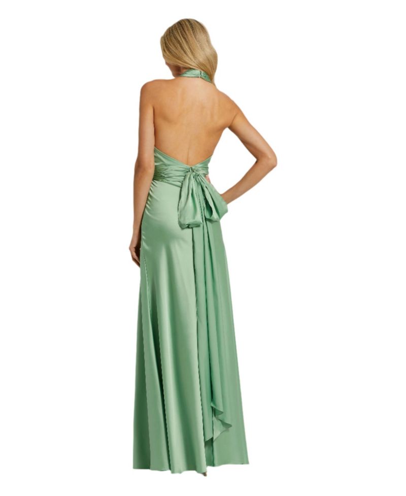 Women's Ruched Halter Neck Tie Back Satin Gown
