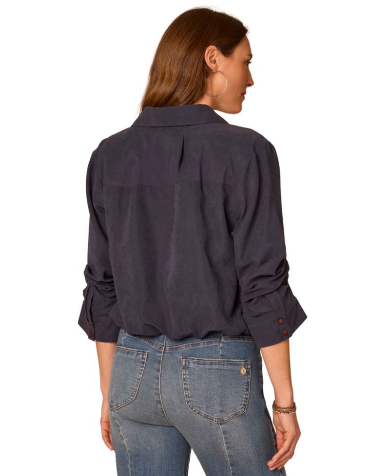 Petite Ruched-Sleeve Bubble-Hem Shirt