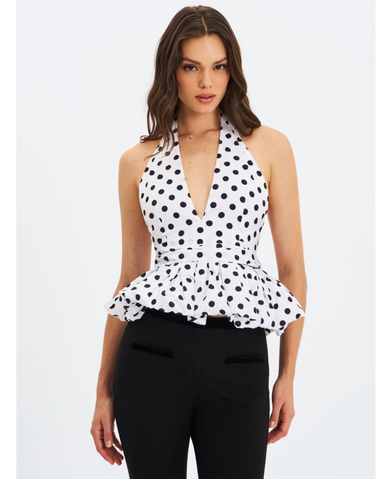 Women's Ilene White and Black Polka Dot Bubble Hem Halter Top
