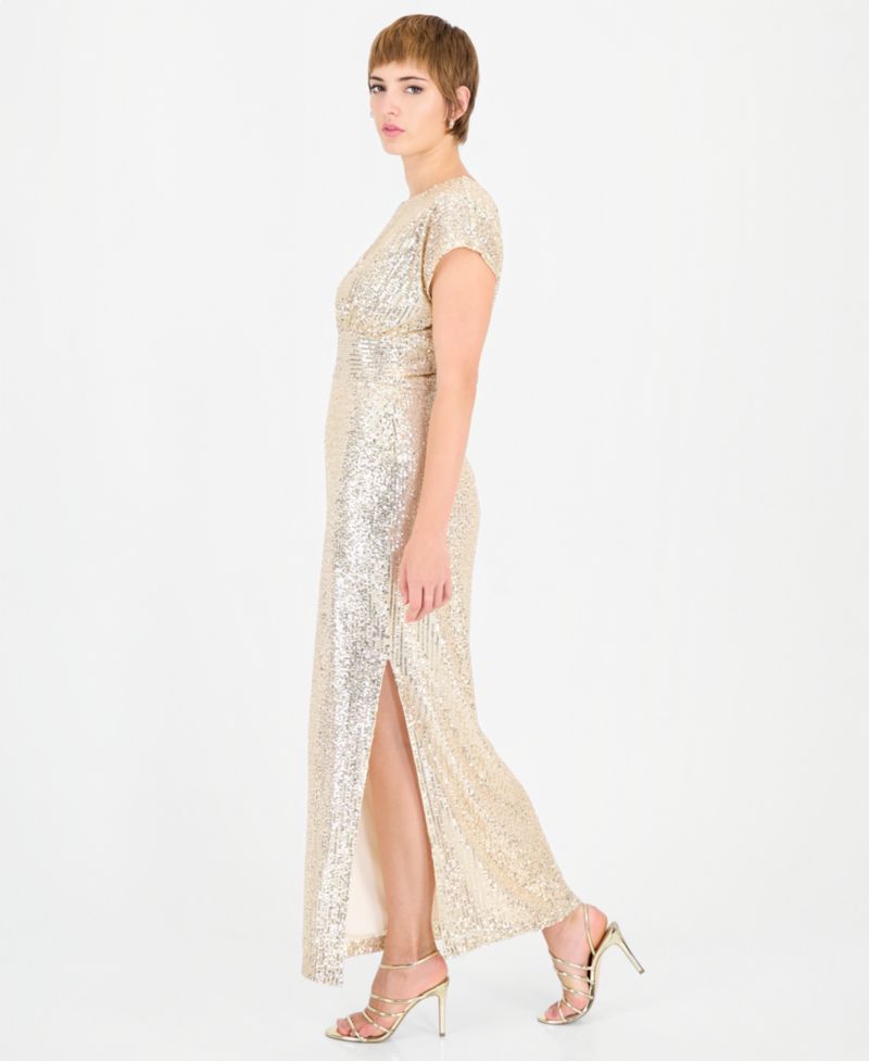 Women's Allover-Sequin Cape-Sleeve Side-Slit Gown