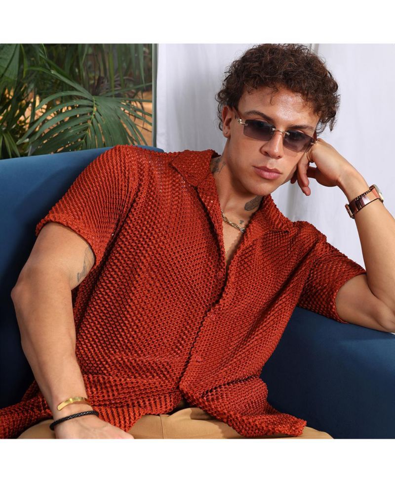 Men's Terracotta Brown Puffy-Textured Shirt